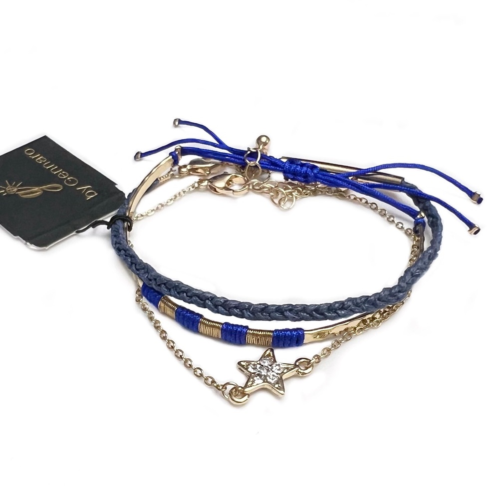 3 for $20 Triple Bracelet Set Braided Blue String & Goldtone Star Clear Rhine…